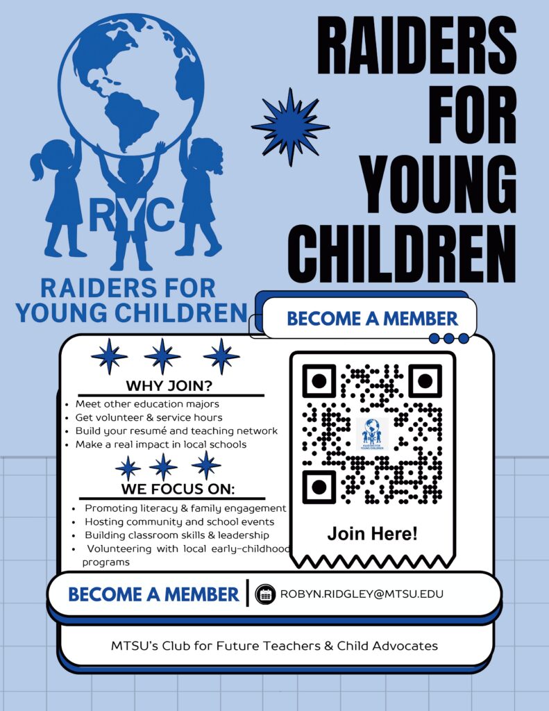 Raiders for Young Children is an organization made up of education and related majors devoted to the education and well-being of young children. Our mission is divided equally between serving the children in our community and striving to improve our professional practice as educators, caregivers and advocates for young children. RYC expresses its mission by actively taking part in community service projects, events, and professional development and networking opportunities. 
