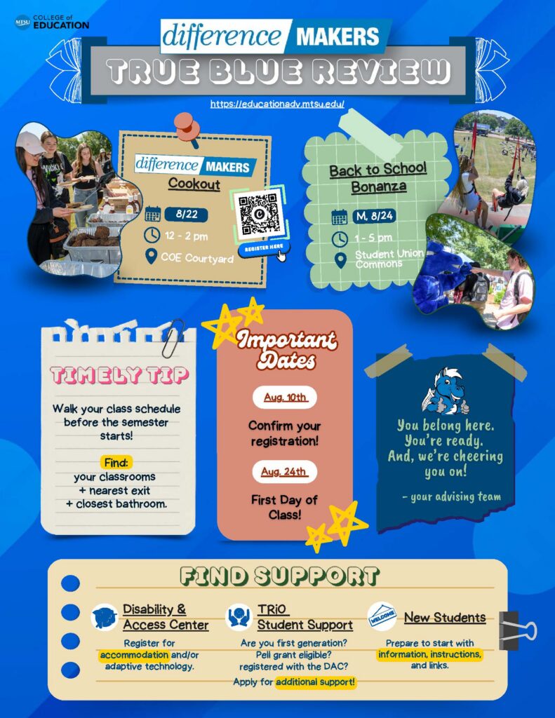 Flyer where upcoming events are listed including Difference Makers Cookout on Saturday August 22 from 12-2pm. The Back to School Bonanza on Monday August 24 from 1-5 pm. This flyer also includes links to information about support on campus including the Disability and Access Center, TRIO Student Support for first generation college students, and new student support.   